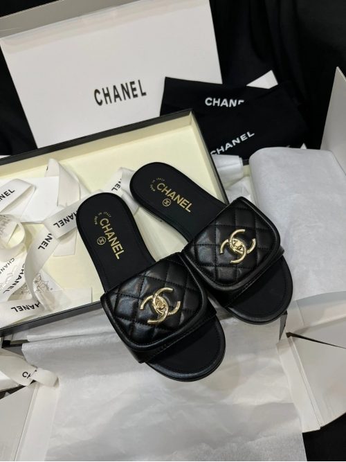 Chanel Quilted Leather Slides Sandals Black