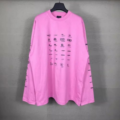 Balenciaga Multi-Logo Print Oversized Long Sleeve Shirt Pink