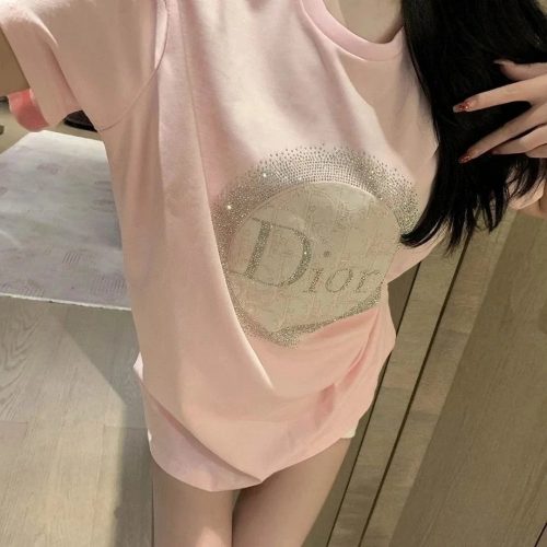 Dior Crystal Embellished Graphic Tee T-Shirt Pink