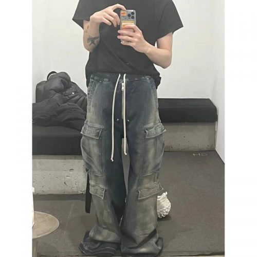 Rick Owens Cargo Bela Distressed Denim Cargo Pants Blue