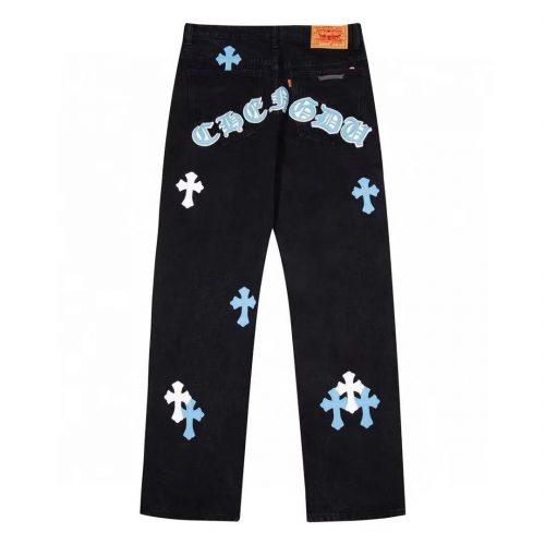 Chrome Hearts Cross Patch Denim Jeans Streetwear Pants Black and Light Blue