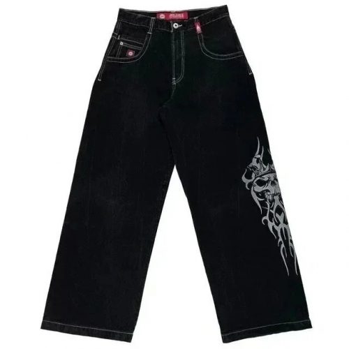 Joker Jeans Tribal Skull Graphic Wide Leg Jeans Black