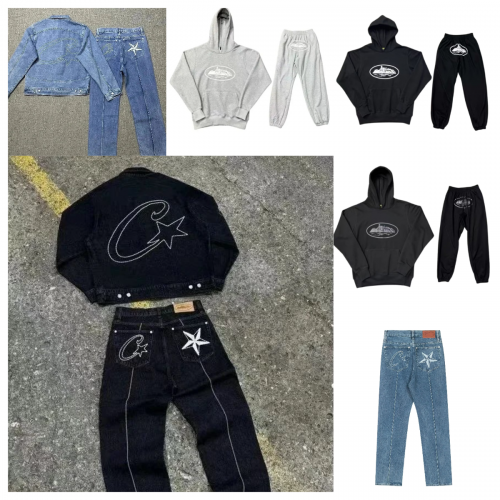 Corteiz C Star Denim Streetwear Jacket and Jeans Set Blue and Black