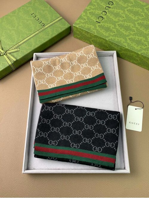 Gucci GG Monogram Web Stripe Knit Scarf Beige and Black