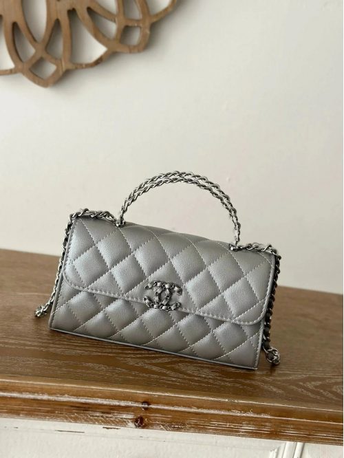 Chanel Classic Flap with Top Handle Quilted Leather Shoulder Bag Silver