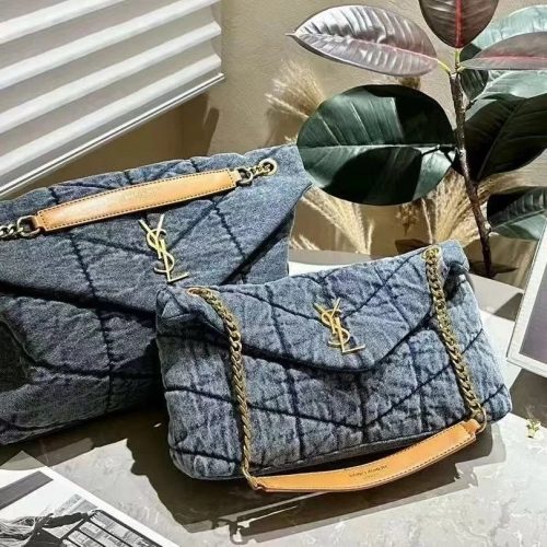 Saint Laurent YSL Loulou Puffer Quilted Denim Shoulder Bag Blue