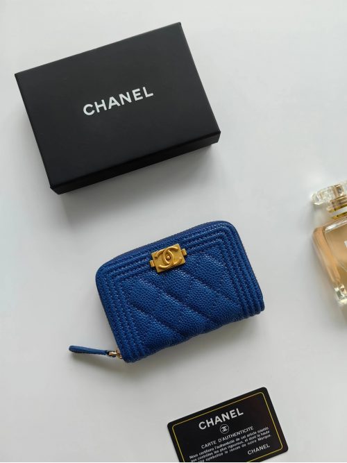 Chanel Boy Zip Coin Purse Quilted Leather Wallet Blue