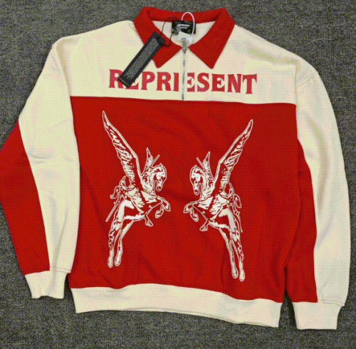 Represent Pegasus Quarter Zip Graphic Sweatshirt Red and Beige