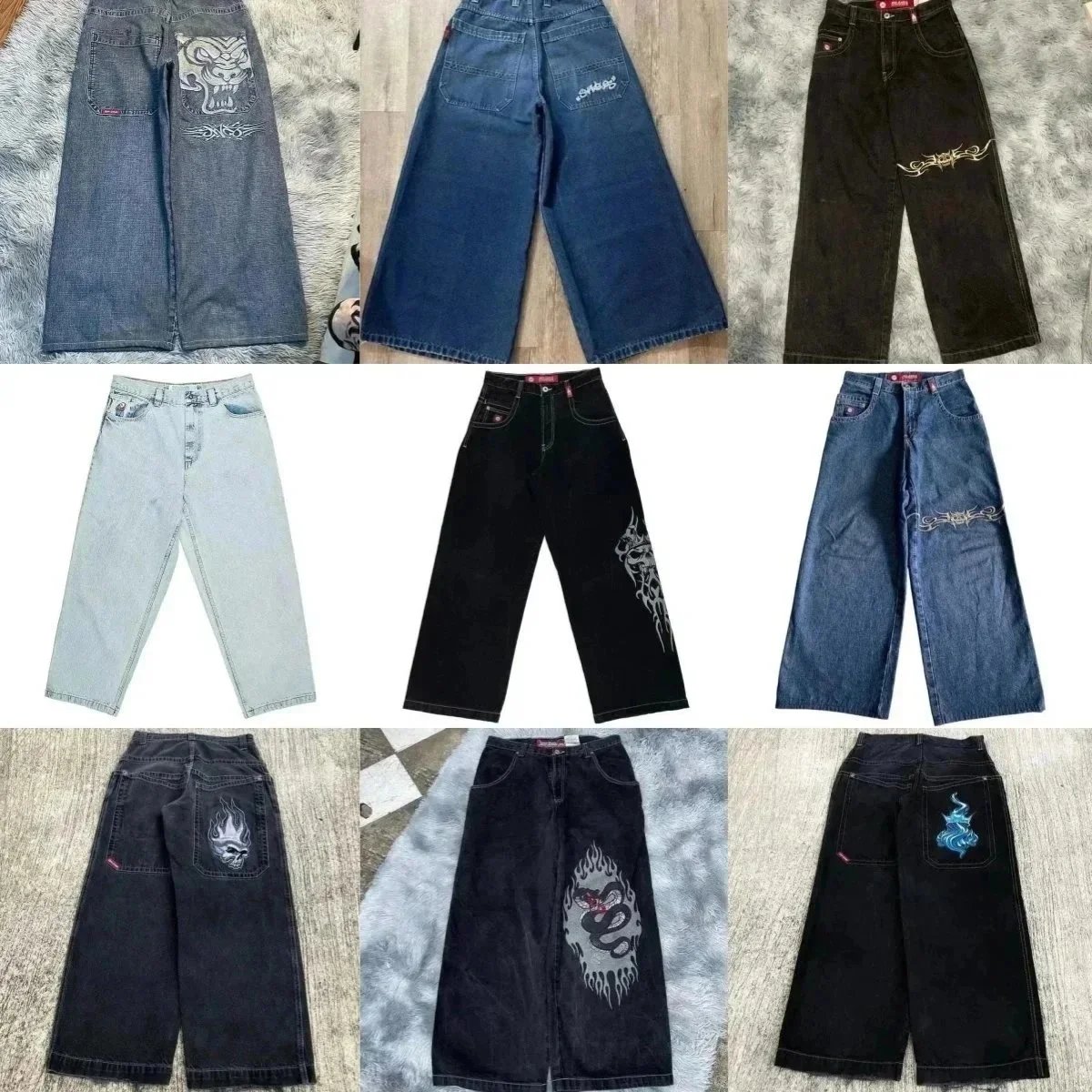 Evisu Wide Leg Denim Jeans Casual Streetwear Pants Blue and Black