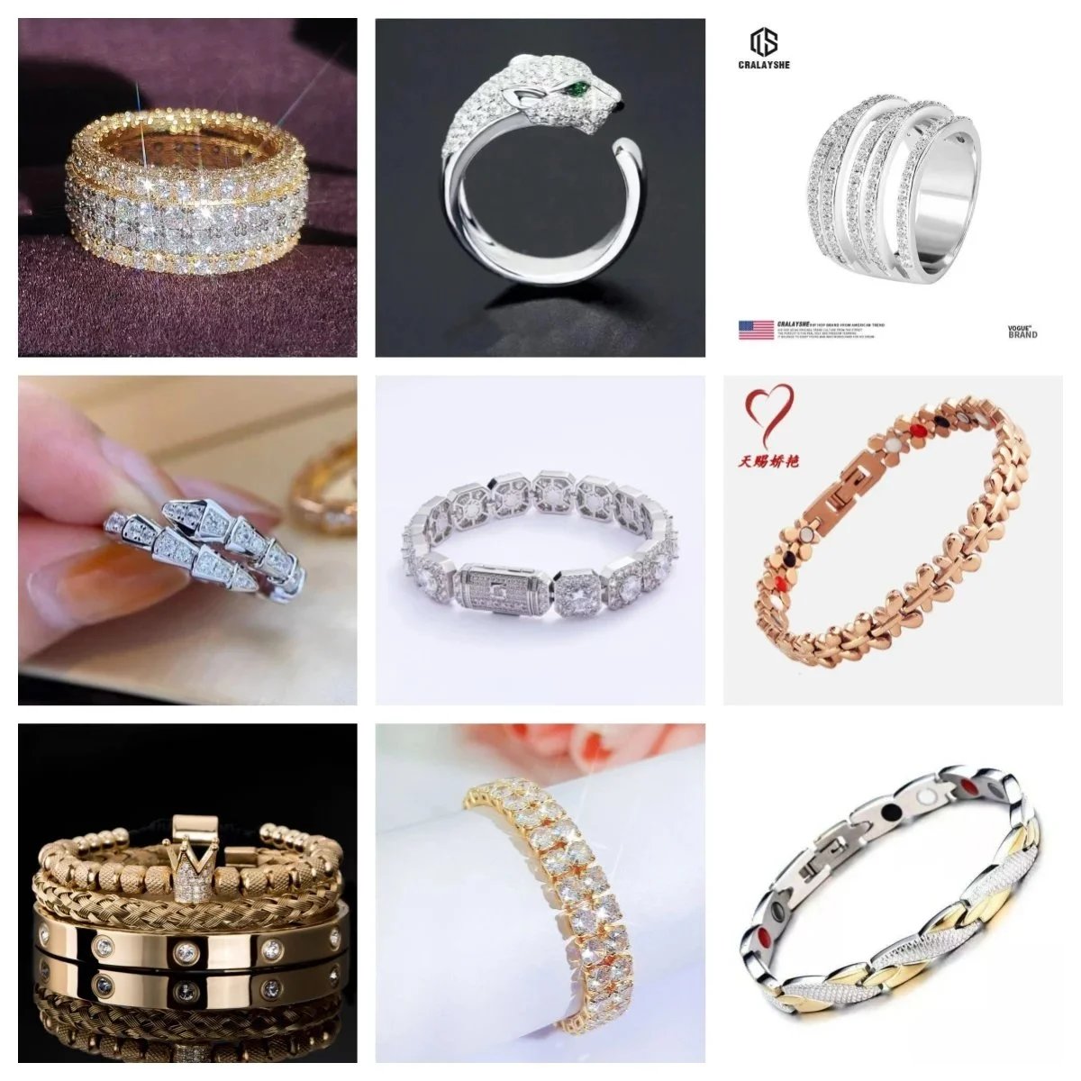 Design Diamond and Gold Bracelets and Rings Jewelry Multicolor