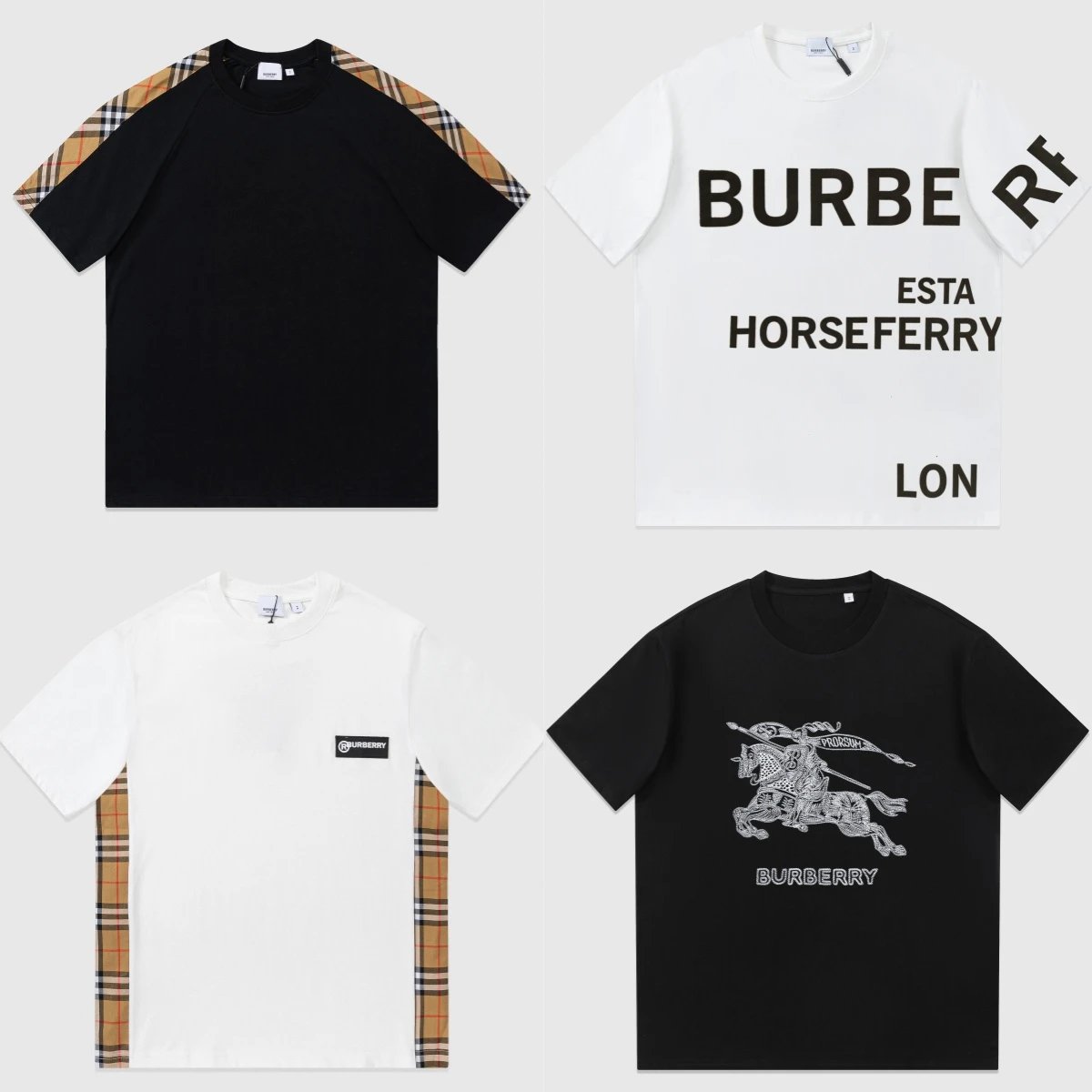 Burberry Check Panel Casual T-Shirt Black and White