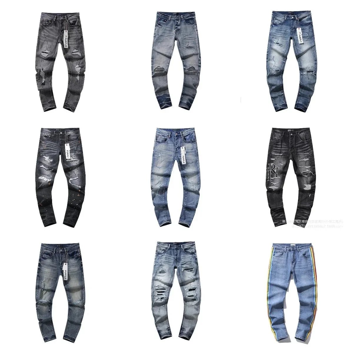 Design Distressed Denim Jeans Casual Ripped Pants Blue and Black