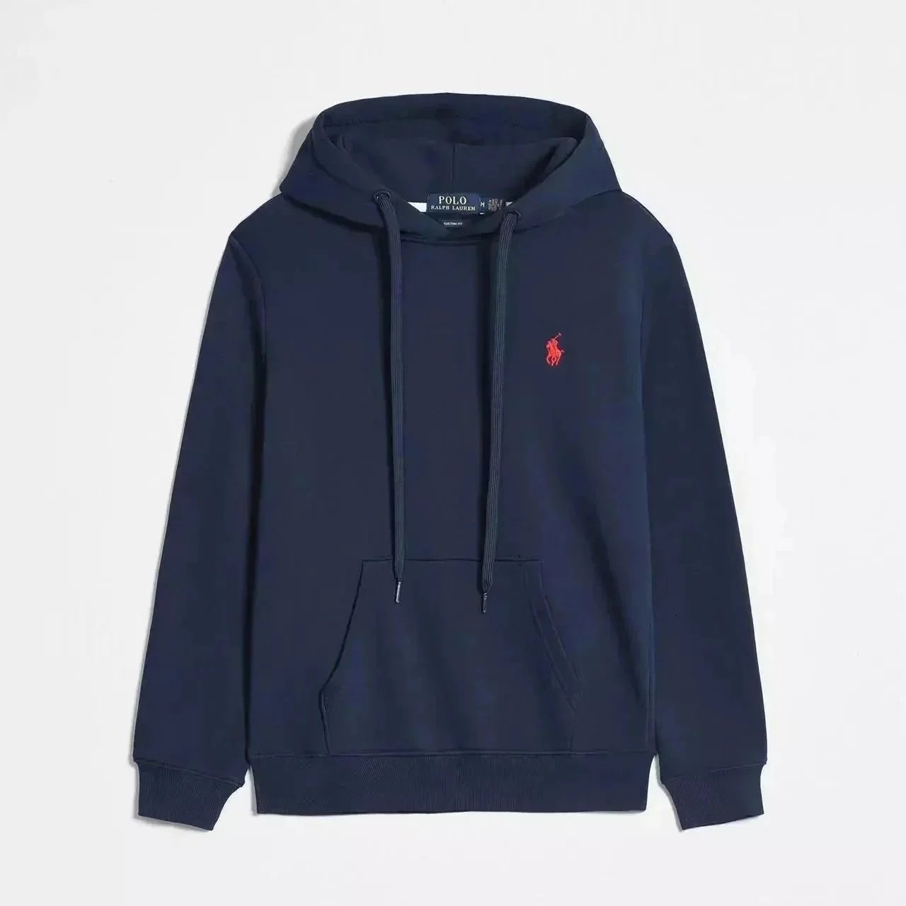 Navy blue pullover sweatshirt with a red logo