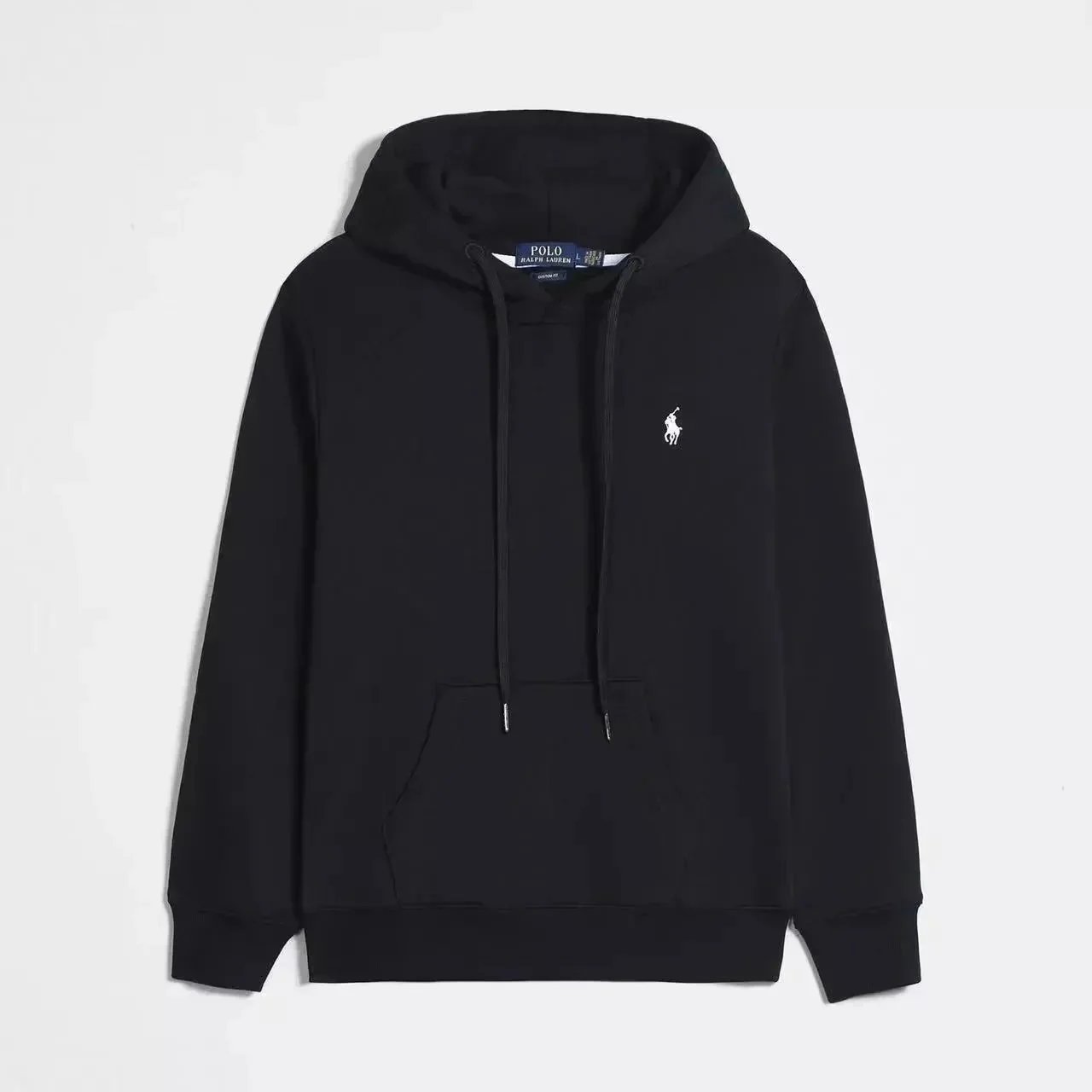 Black pullover hoodie with a white label