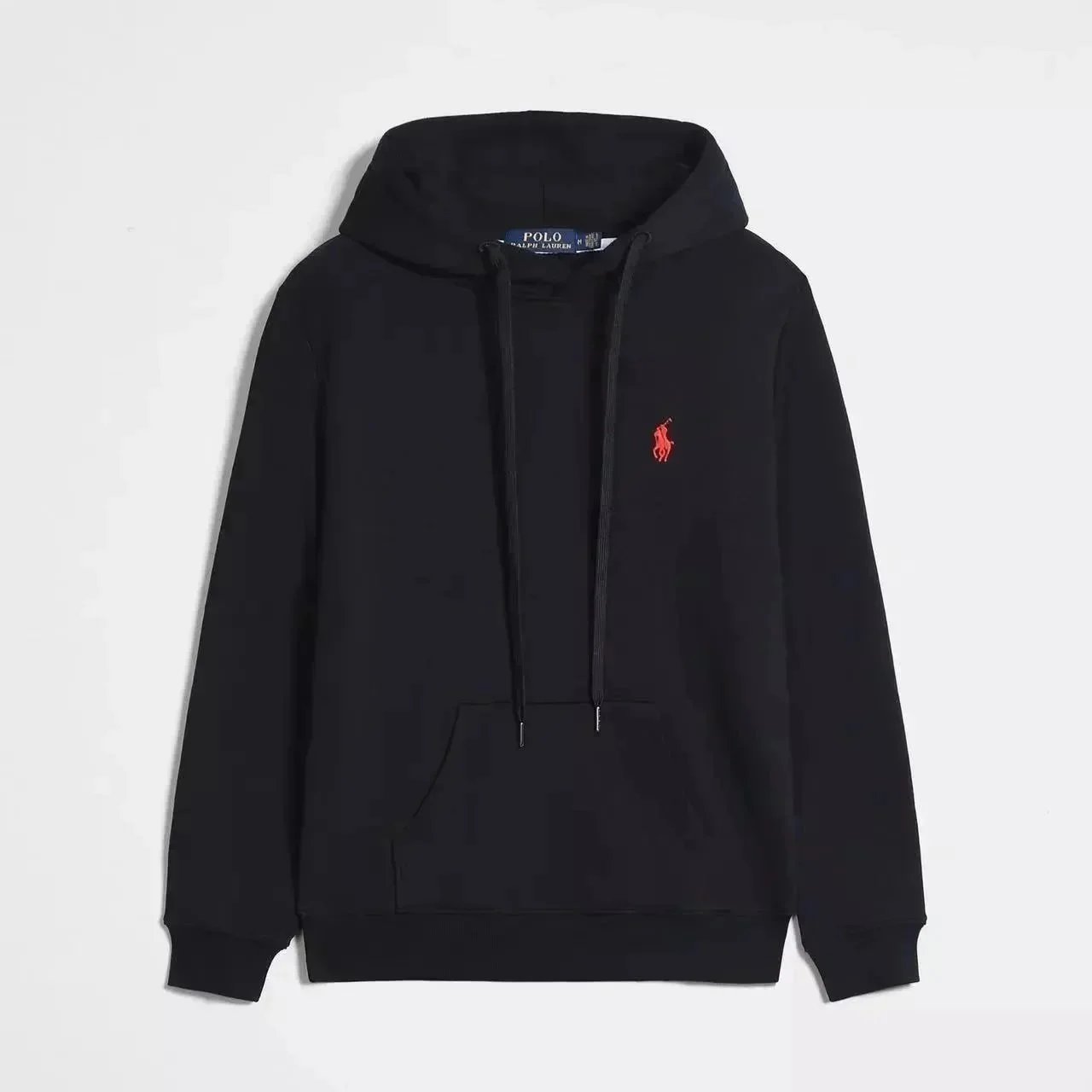 Black pullover hoodie with a red label Black pullover hoodie with a red label